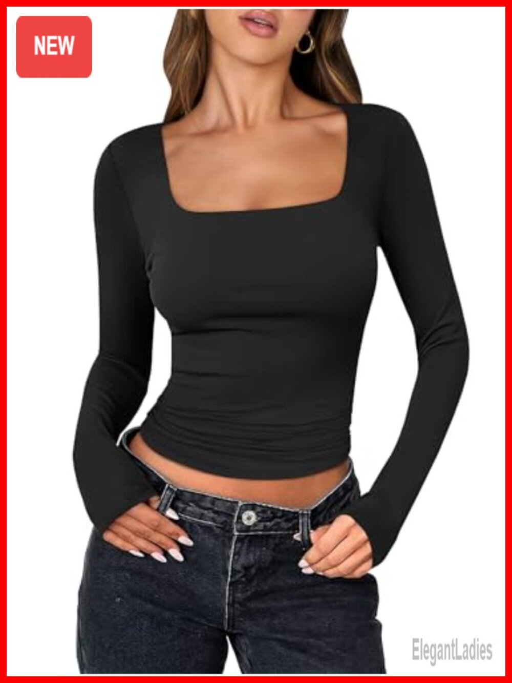 ANRABESS Long Sleeve Double Lined Crop Top Slim Fit Y2K T-Shirt